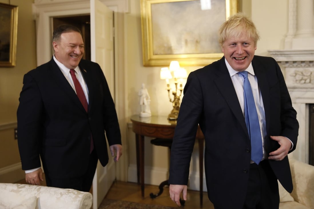 US Secretary of State Mike Pompeo (left) and British Prime Minister Boris Johnson at Downing Street in London on Thursday. Pompeo was discussing Johnson’s decision earlier this week to allow Chinese telecommunications giant Huawei Technologies to take part in the development of Britain’s 5G network. Photo: AP