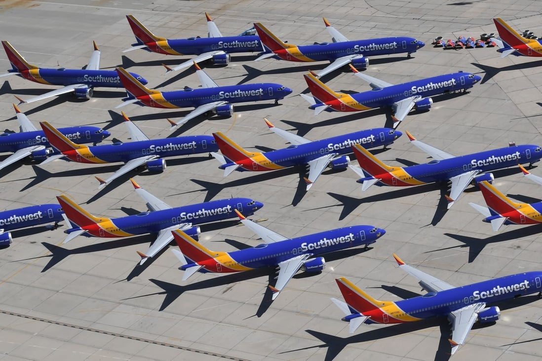 Southwest Airlines Boeing 737 MAX aircraft are parked on the tarmac after being grounded, at the Southern California Logistics Airport in Victorville, on March 28, 2019. Photo: AFP