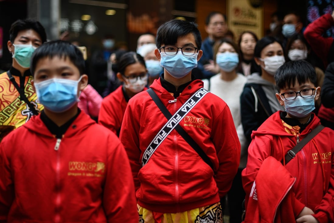 Members of a Chinese lion dance team wear face masks during a performance in Mong Kok, Hong Kong, on February 1, the seventh day of the Lunar New Year. There is no need to panic, but the coronavirus can’t be checked unless ordinary residents do their part to minimise person-to-person contact and observe good hygiene. Photo: AFP
