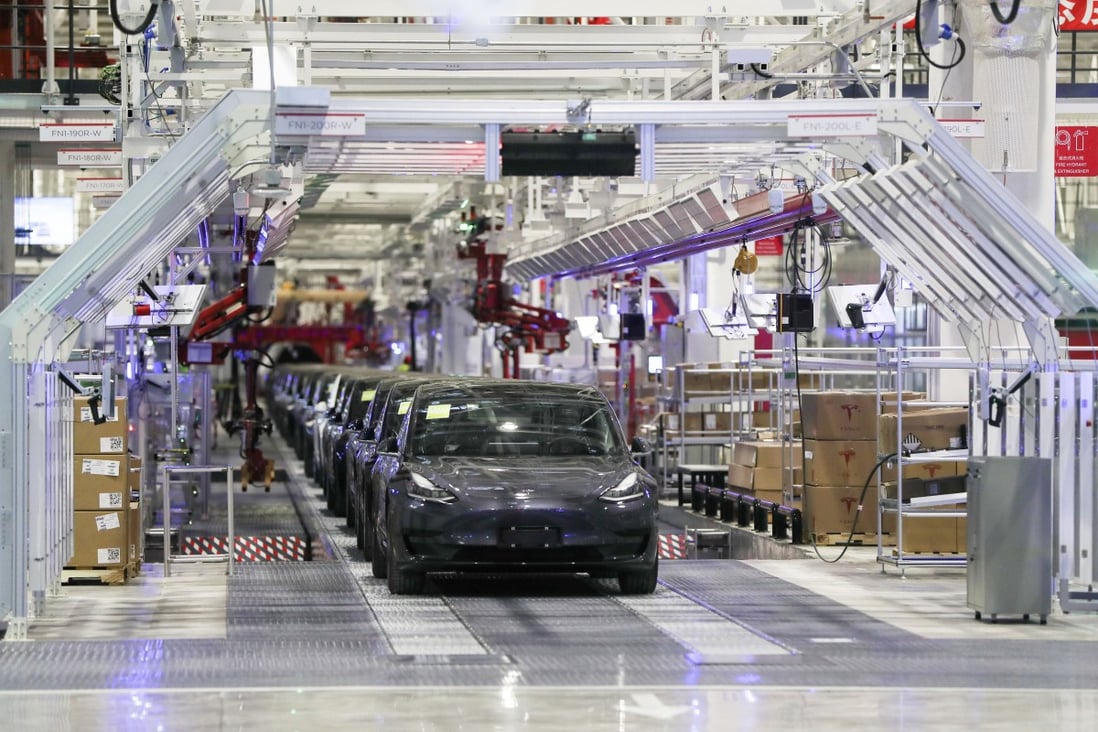 Tesla’s electric vehicles on the assembly line at the carmaker’s Gigafactory in Shanghai on Tuesday, January 7, 2020. Photo: Xinhua