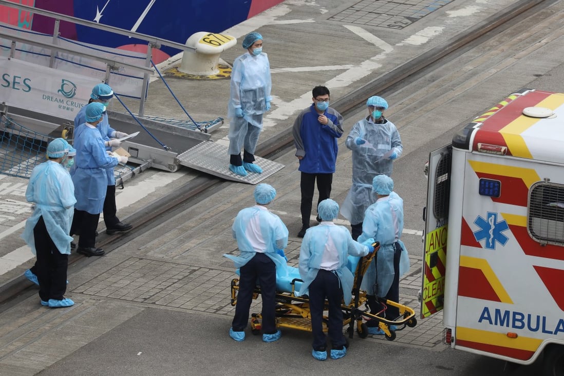 Medical workers transfer a suspected coronavirus patient to an ambulance from the World Dream cruise ship at Kai Tak Cruise Terminal in Hong Kong on February 3. Photo: Sam Tsang