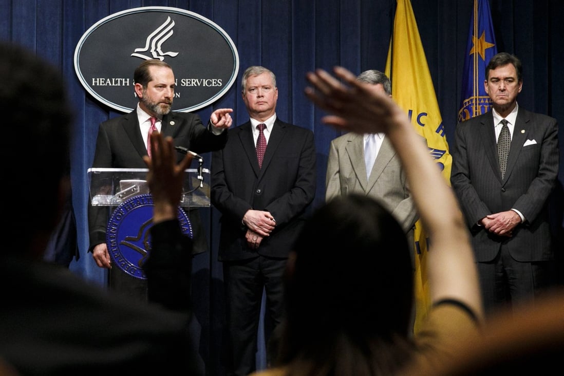 US Health and Human Services Secretary Alex Azar (left) at a news conference in Washington on Friday with (from second left) Deputy Secretary of State Stephen Biegun, Homeland Security Acting Deputy Secretary Ken Cuccinelli (obscured) and Department of Transportation Acting Under Secretary for Policy Joel Szabat. Photo: AP