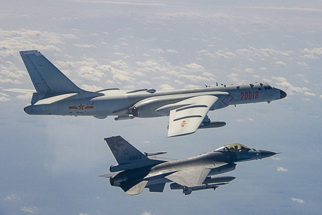 A Taiwanese fighter jet shadows a mainland Chinese bomber over the Taiwan Strait on Monday. Photo: Military News Agency, ROC