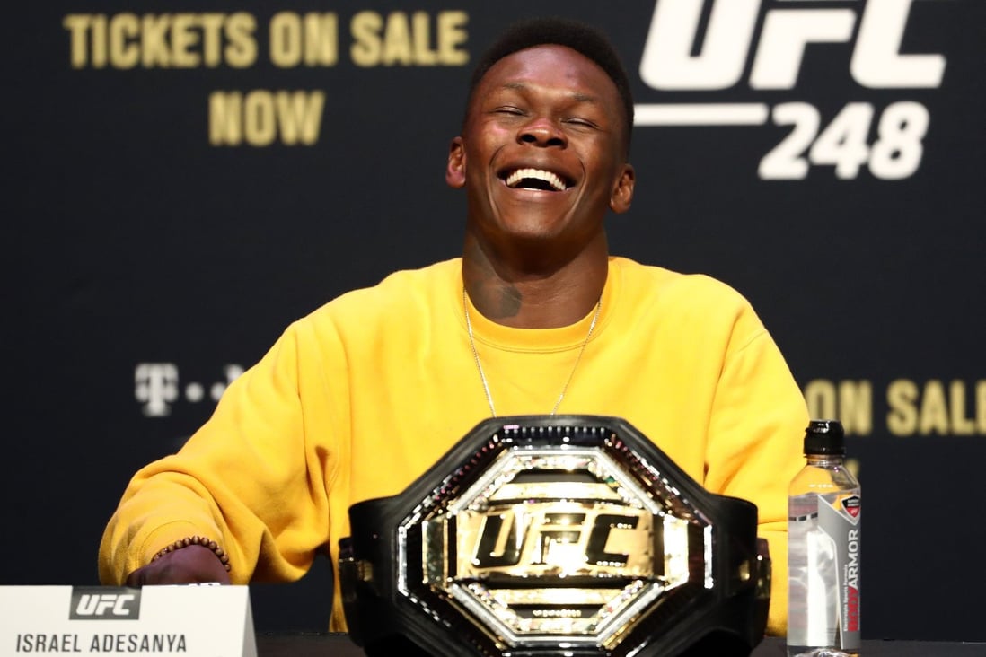 Israel Adesanya talks during a press conference for UFC 248. Photos: AFP