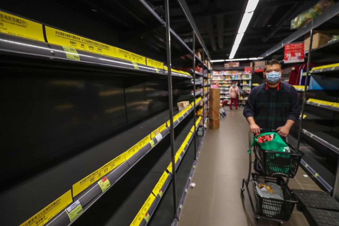 Empty shelves as Hong Kong supermarkets struggle to restock amid a buying frenzy over fears that the coronavirus outbreak will shut off supplies, in Lok Fu on February 7. Photo: Edward Wong