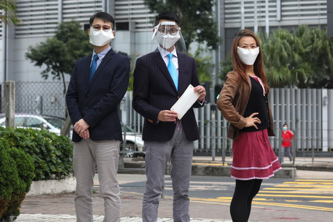 Professor Alvin Lai (left), Dr Joe Fan and Dr Iris Li have invented an easy and cheap method for making home-made masks. Photo: Xiaomei Chen