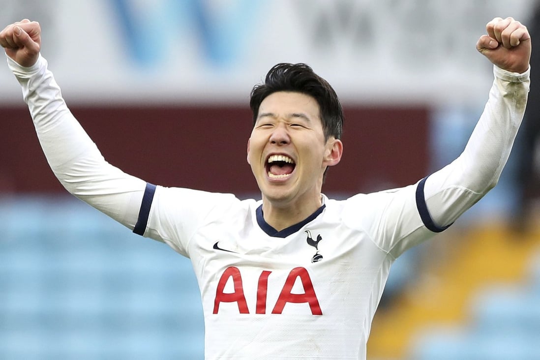 Tottenham Hotspur's Son Heung-min celebrates after the English Premier League win over Aston Villa at Villa Park. Photo: AP