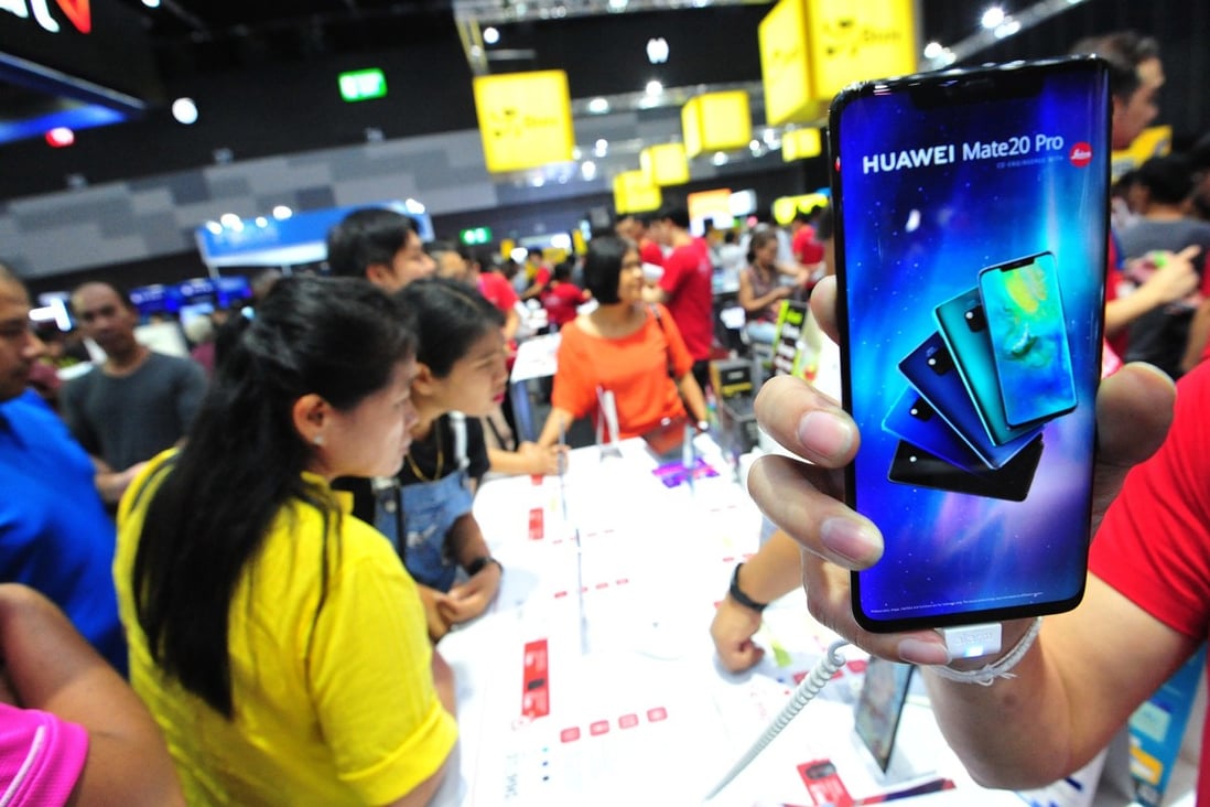 A Huawei Technologies smartphone is displayed at the Thailand Mobile Expo 2019. Thailand’s telecommunications regulator raised US$3.2 billion from its 5G spectrum auction on Sunday. Photo: Xinhua