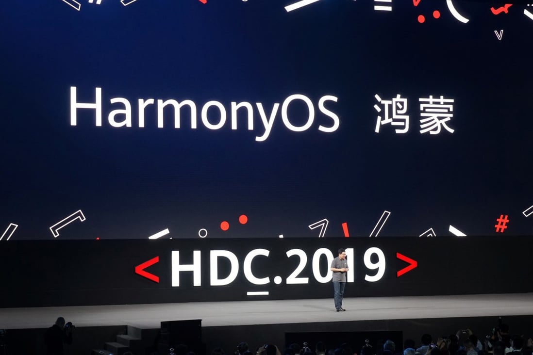 Richard Yu, head of Huawei's consumer business group, unveils the company's Harmony operating system at the Huawei Developer Conference last year. Photo: Huanqiu.com via Reuters