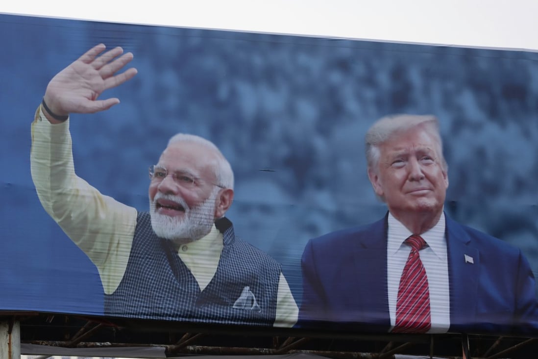 A sign welcoming US President Donald Trump ahead of his visit to Ahmedabad, India, to attend an event called “Namaste Trump”, along the lines of a “Howdy Modi” rally attended by Indian Prime Minister Narendra Modi in Houston last September. Photo: AP