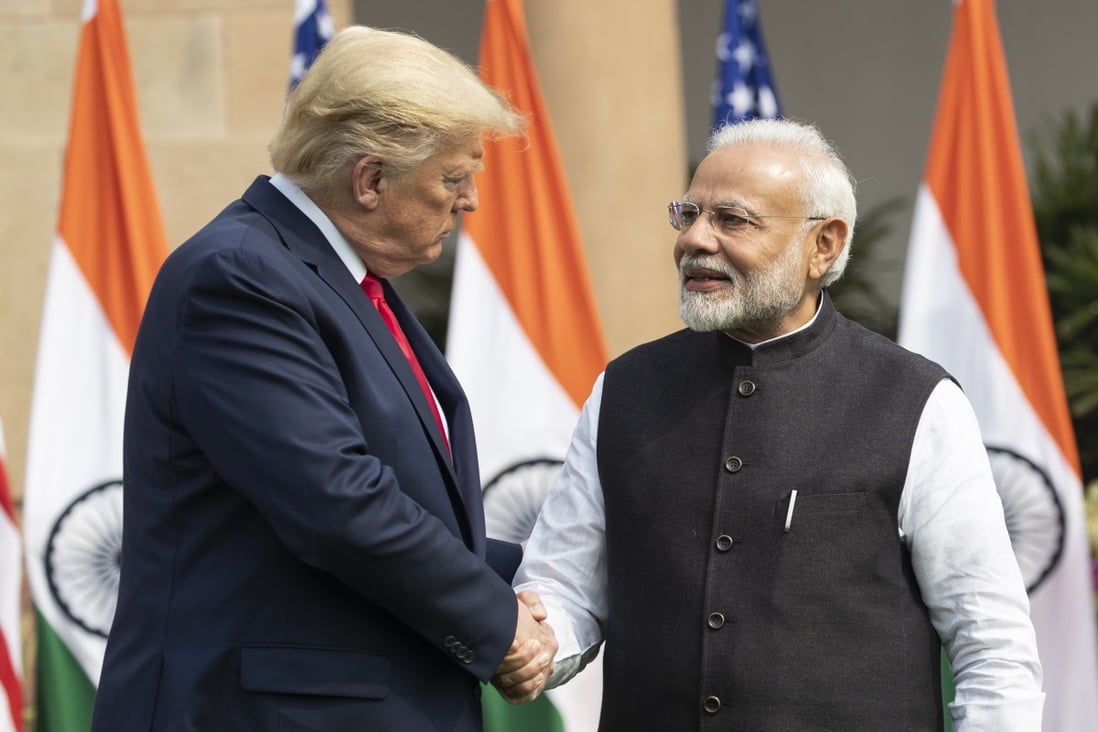 US President Donald Trump and Indian Prime Minister Narendra Modi shake hands outside Hyderabad House, New Delhi, on the second day of Trump’s visit to India. Photo: AP