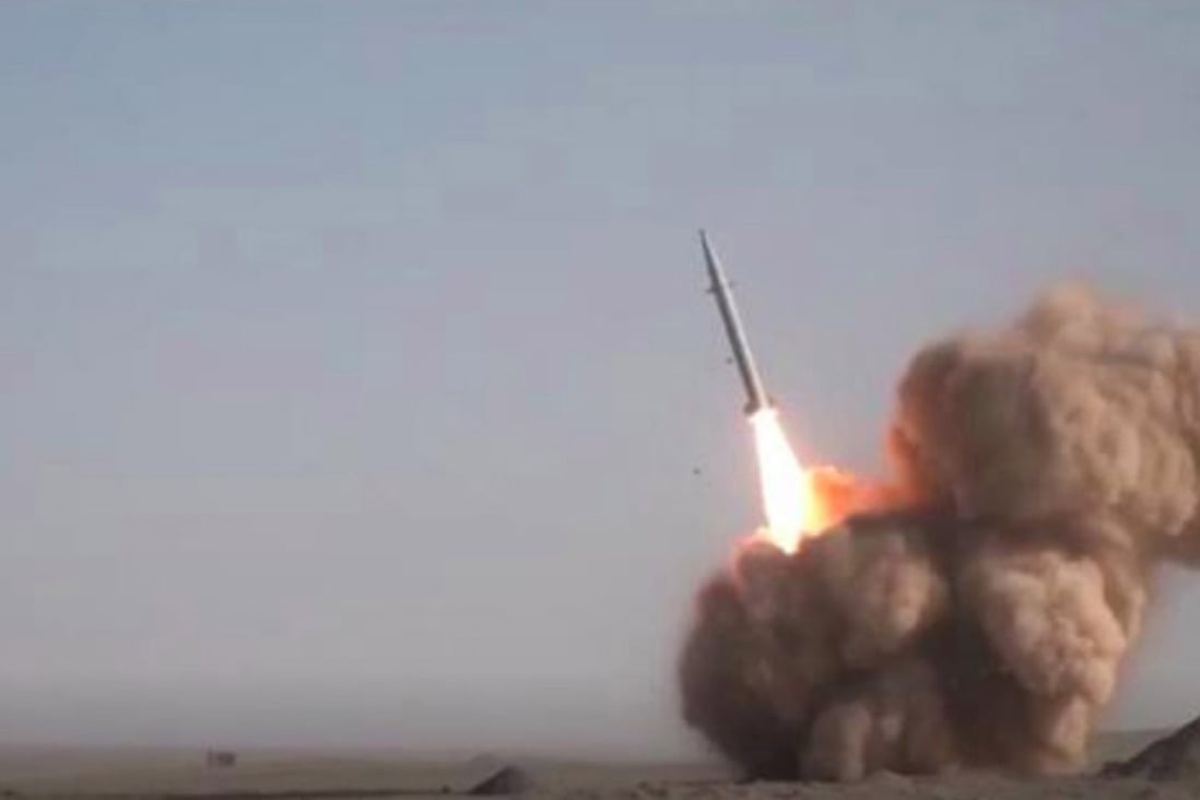Iran’s Islamic Revolutionary Guard Corps launches the new Raad-500 short-range ballistic missile at an unknown location in Iran on February 9. Photo: Iran Press TV via EPA-EFE