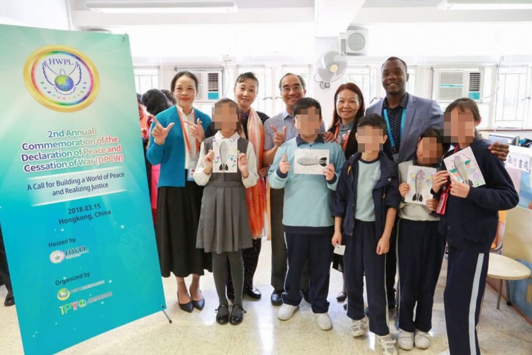 A "peace education" event held by Heavenly Culture, World Peace, Restoration of Light, a self-described peace organisation linked to the South Korean religious sect Shincheonji, at Yan Chai Hospital Chiu Tsang Hok Wan Primary School in Tsing Yi. Photo: Twitter