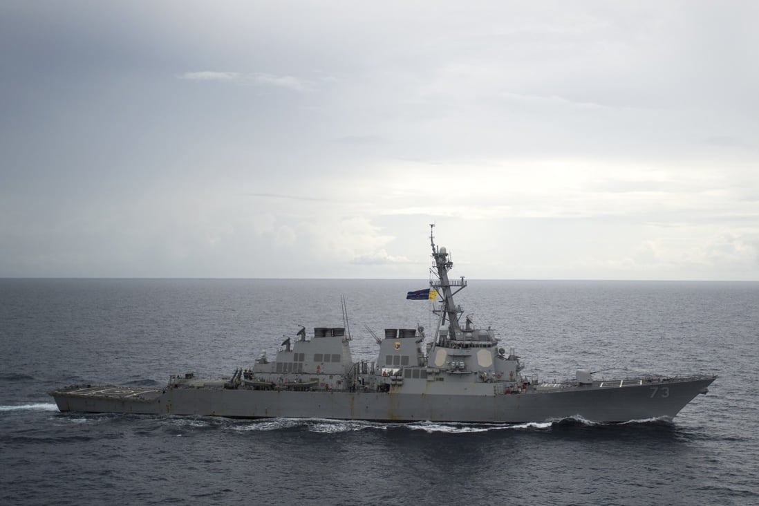 In this October 13, 2016 photo provided by the US Navy, the guided-missile destroyer USS Decatur operates in the South China Sea as part of the Bonhomme Richard Expeditionary Strike Group. Photo: AP