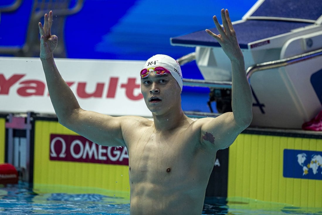 Sun Yang celebrates after winning the men’s 400m freestyle gold at the 2019 world championships. Photo: EPA