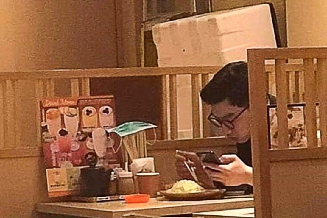 A photograph showing a man eating at Ca-Tu-Ya restaurant has gone viral after online users noticed he had left his face mask on top of unused chopsticks. Photo: Handout