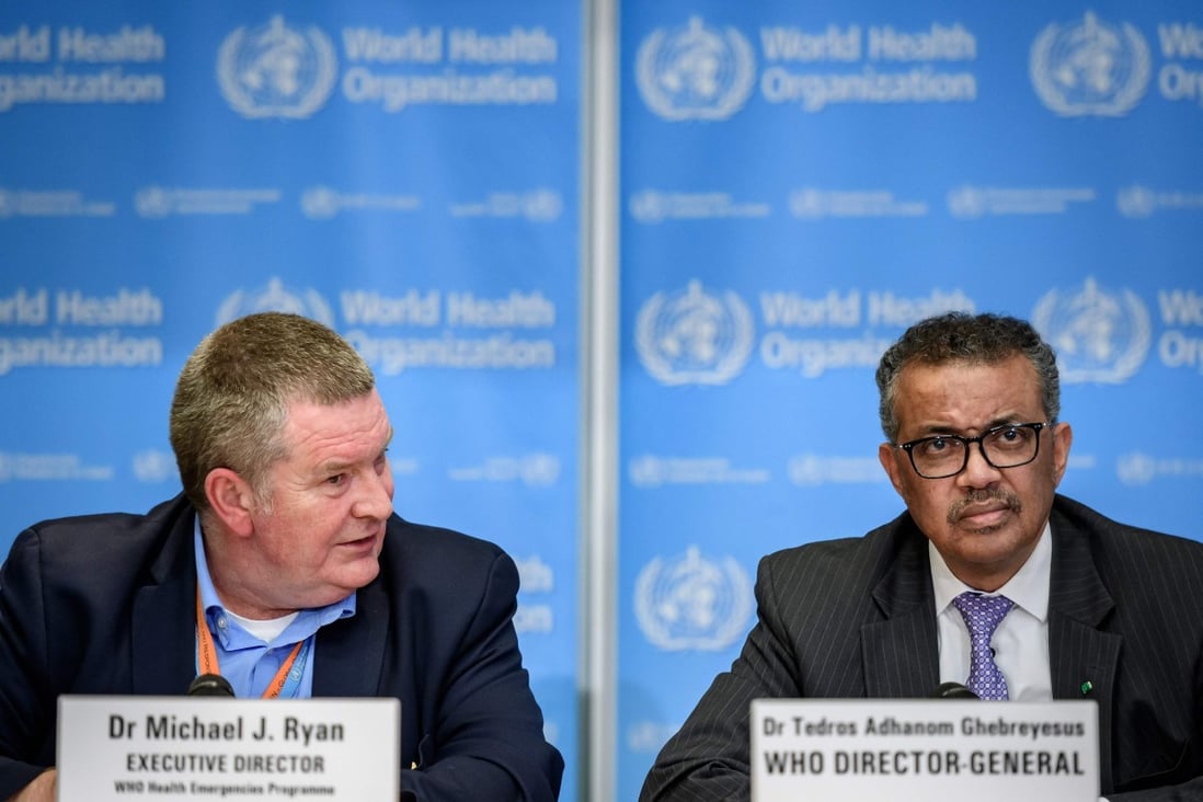 Michael Ryan (right), the WHO’s health emergencies programme director, and Tedros Adhanom Ghebreyesus, it director general, speak in Geneva. Photo: AFP