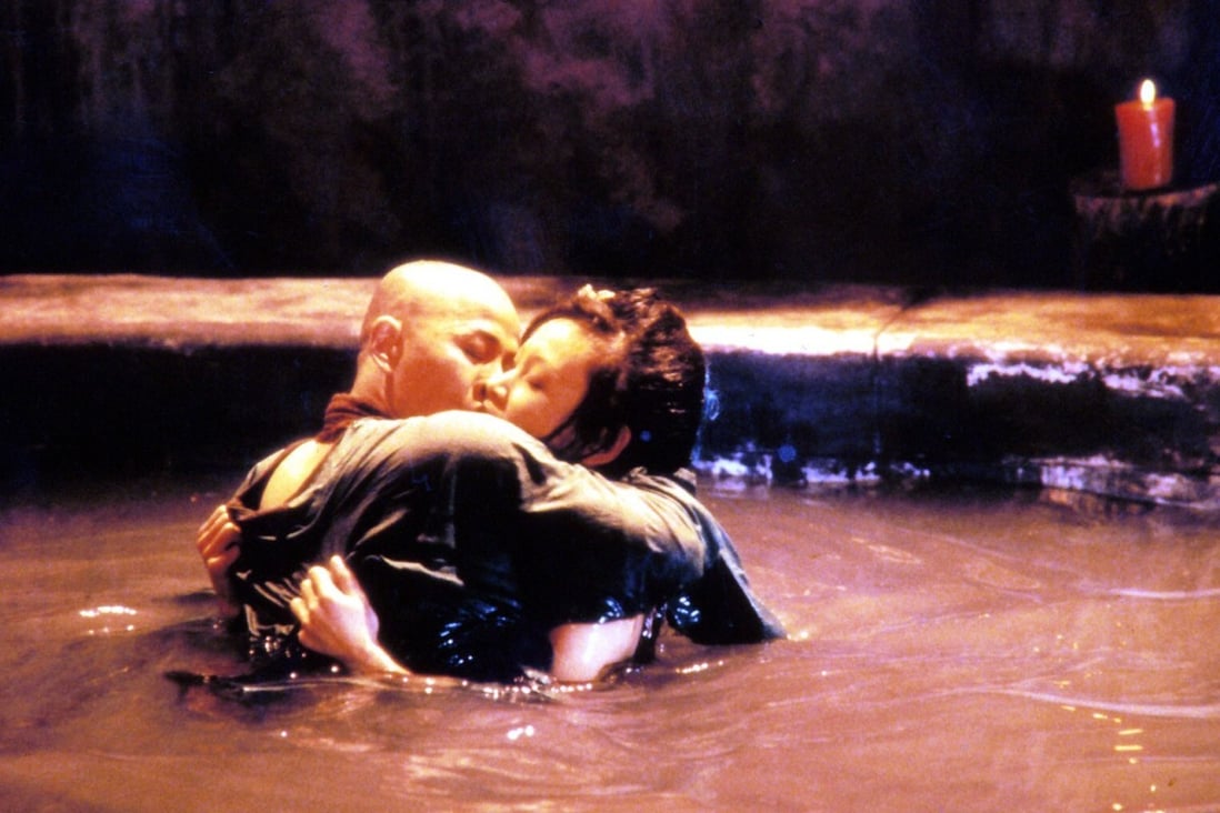 Wu Hsing-kuo and Joan Chen, with shaved head, in a still from Temptation of a Monk, Hong Kong director Clara Law’s martial arts film about a Tang dynasty general who murders a prince, repents, and converts to Buddhism.