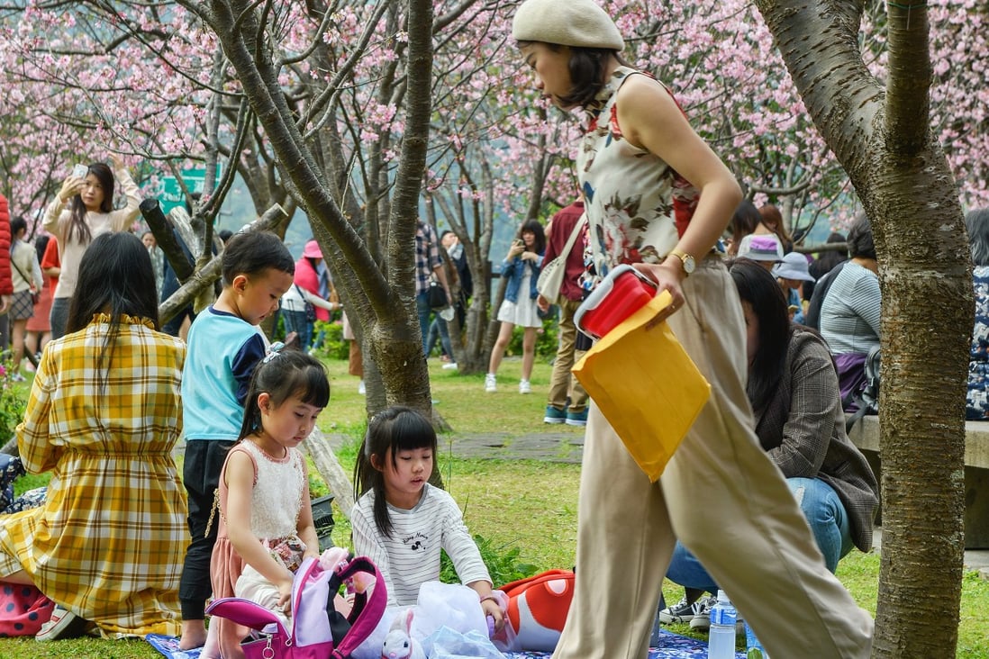 Families enjoy the cherry blossom in Yangming Park, Taipei. Photo: Chris Stowers/Panos