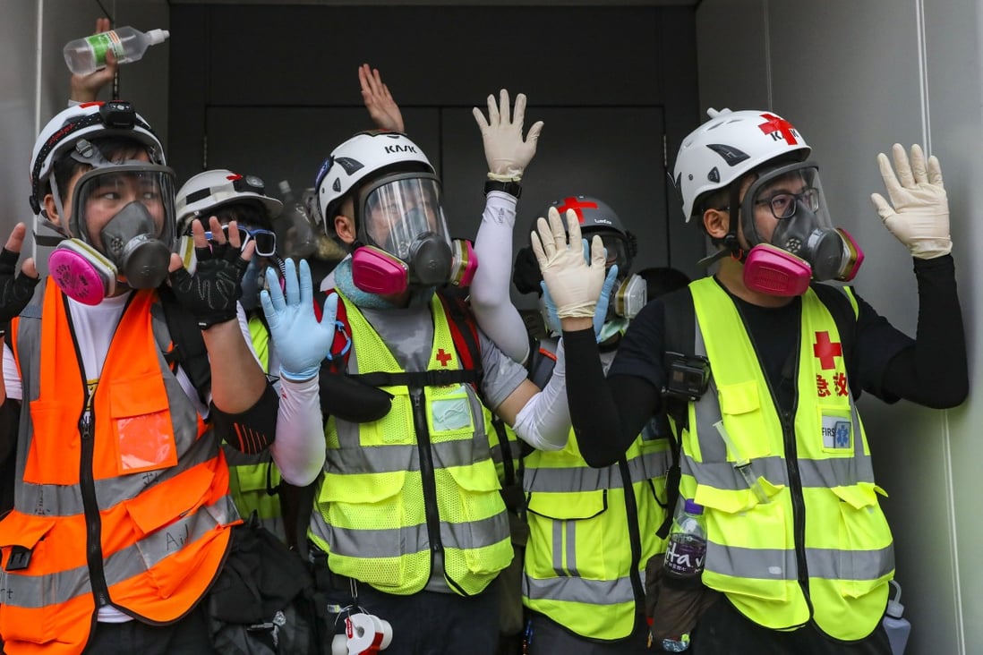 Volunteer medics raise their hands as riot police (off-camera) take action during a protest march from Causeway Bay to Admiralty on September 29, 2019. Photo: K. Y. Cheng