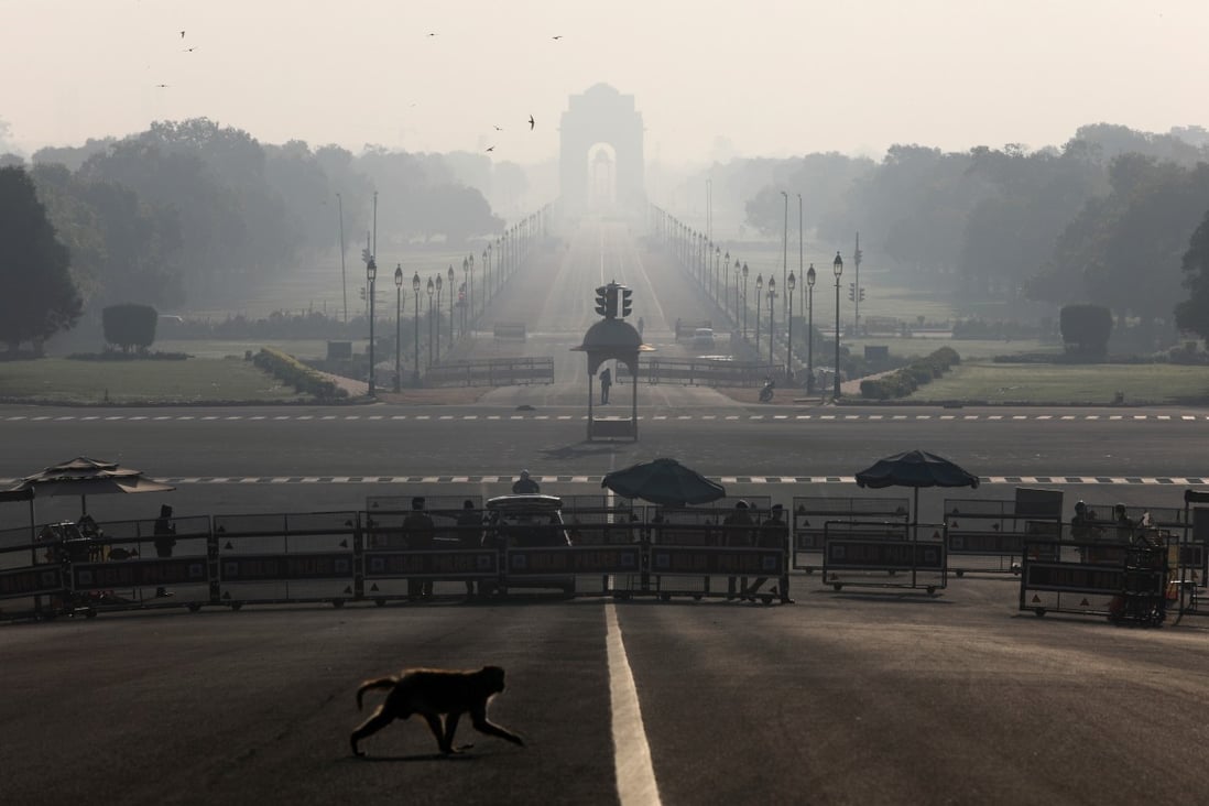 A monkey crosses the road near India’s Presidential Palace during a 14-hour curfew on Sunday, a curtain-raiser to the three-week curfew declared a few days later. Photo: Reuters