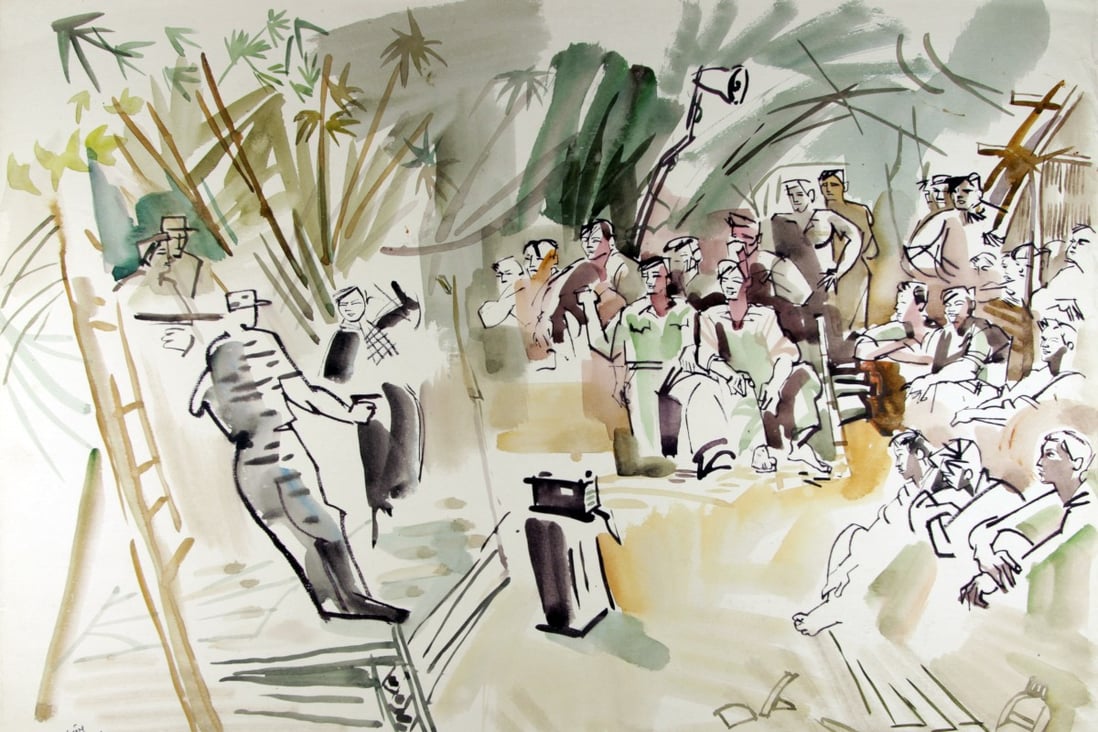 A dance troop performs in the middle of the Vietnamese jungle in war artist Bui Quang Anh’s 1971 painting. Image: Witness Collection / Bui Quang Anh