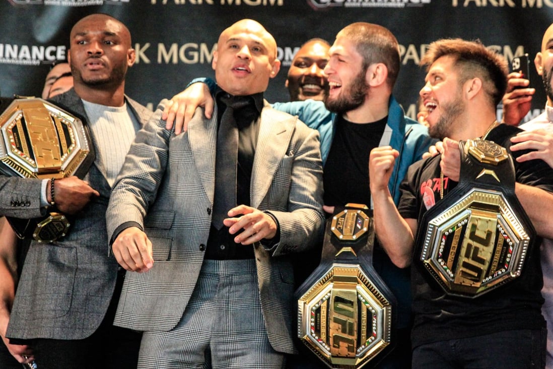 Ali Abdelaziz (second from left) with UFC champions Kamaru Usman, Henry Cejudo and Khabib Nurmagomedov. Photo: Amy Kaplan