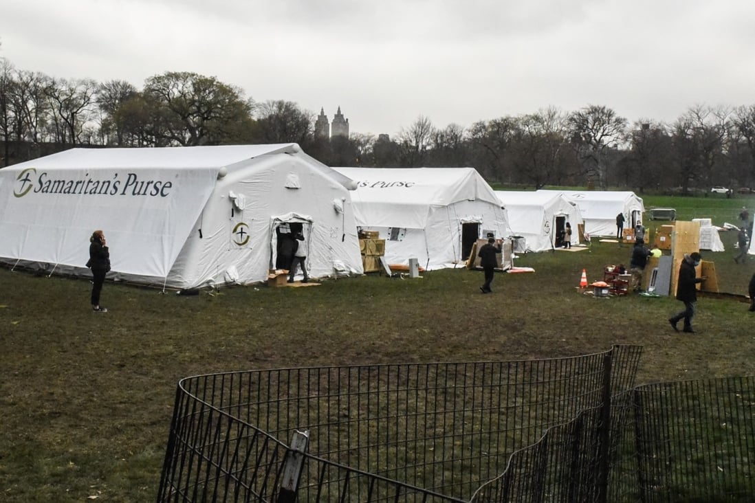 An emergency field hospital is set up in New York’s Central Park to treat patients with Covid-19, the illness caused by the new coronavirus. Photo: AFP