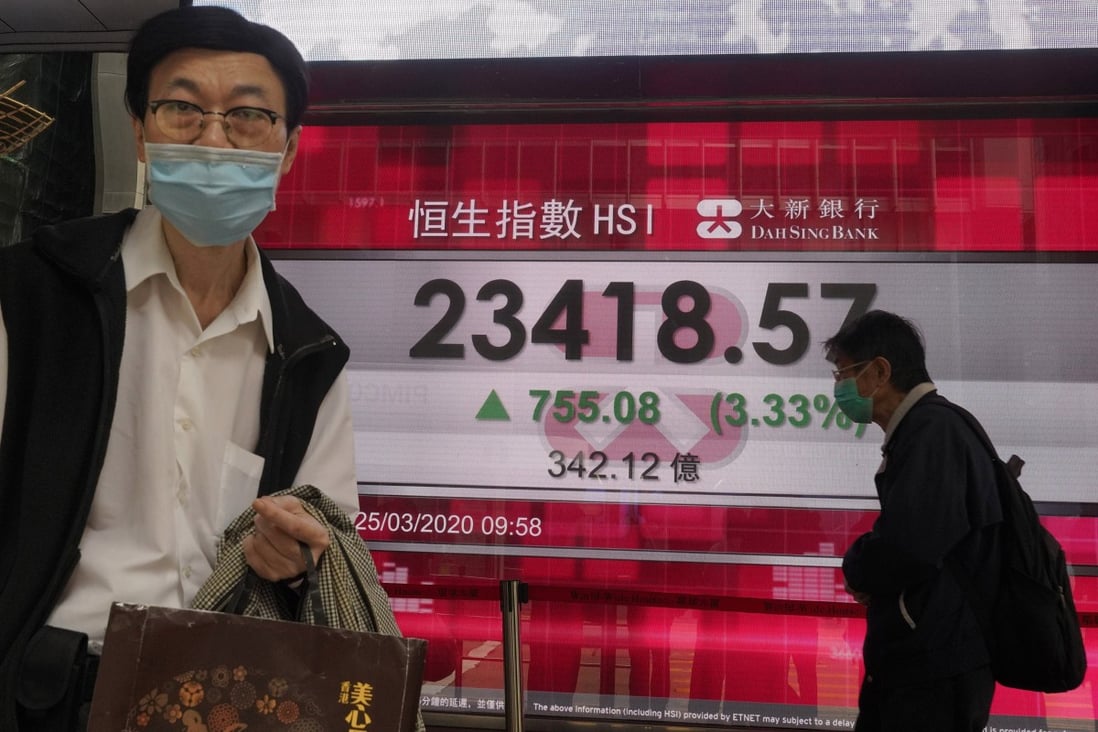 A man wearing a face mask walks past an electronic board showing the Hong Kong share index at Hong Kong stock exchange on March 25, 2020. Photo: AP Photo