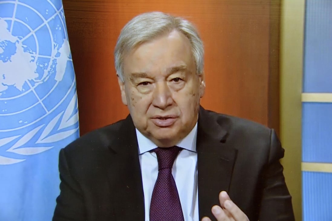 UN Secretary General Antonio Guterres holds an online press conference from the UN headquarters in New York on March 25. Photo: Kyodo