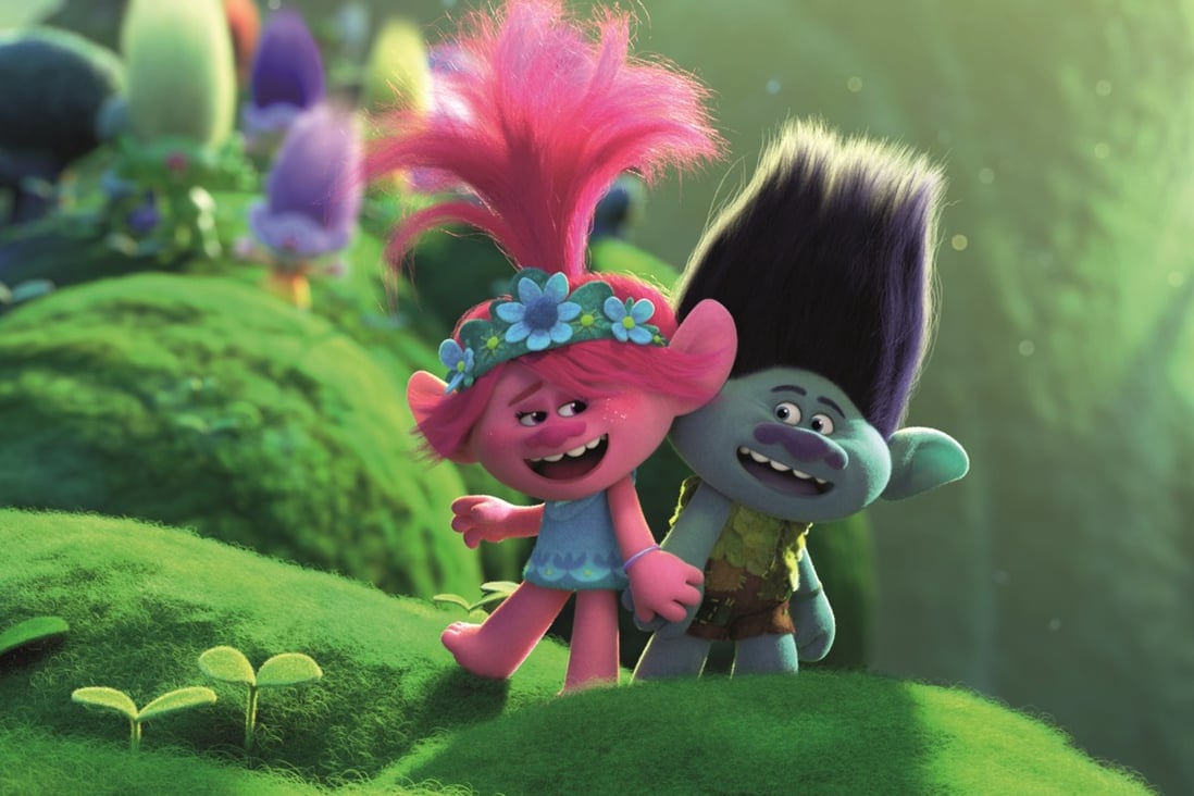 Poppy (voiced by Anna Kendrick) and Branch (Justin Timberlake) in a still from Trolls World Tour, directed by Walt Dohrn.