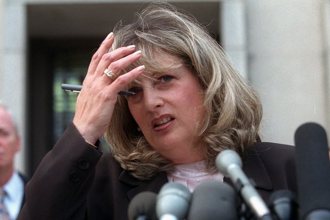 Linda Tripp talks to reporters outside federal court in Washington in July 1998. Photo: AP