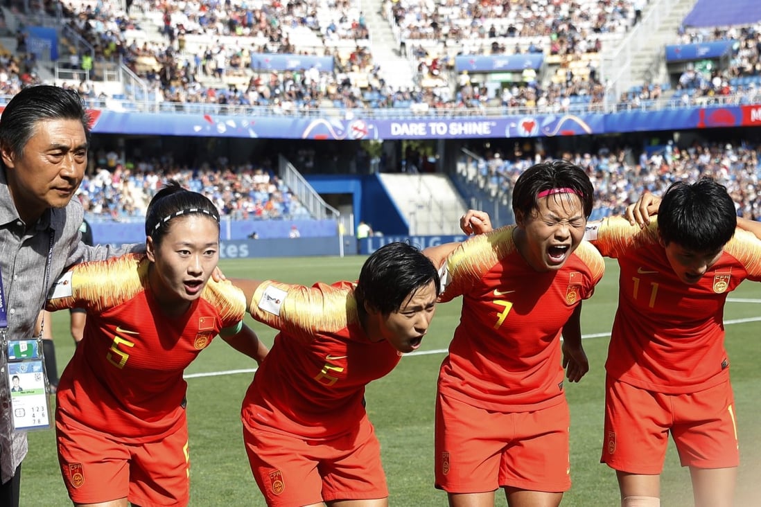 Wang Shuang (second from right) and her teammates cheer for China ahead of the 2019 Fifa Women’s World Cup round of 16 against Italy in Montpellier, France. China lost 2-0. Photo: Xinhua