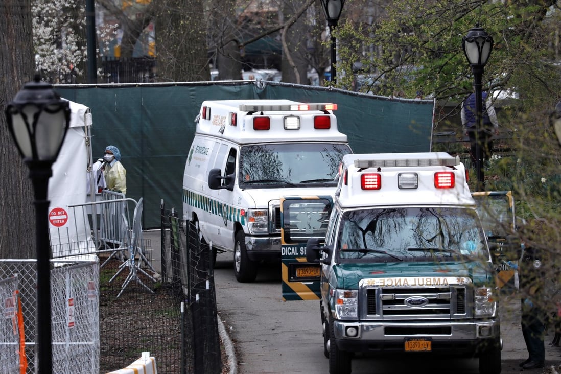 Ambulances are seen outside an emergency field hospital in New York’s Central Park on Wednesday. Photo: Reuters