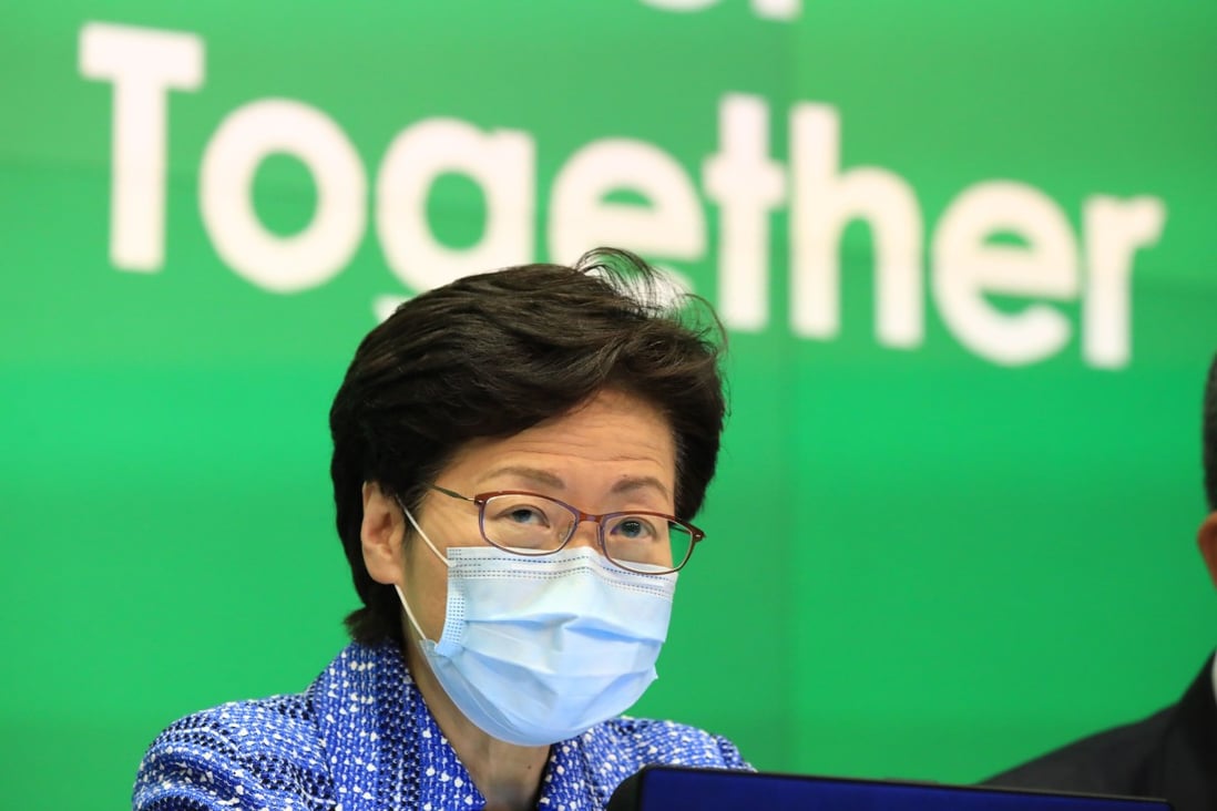 Carrie Lam speaks at press conference at the Central Government Offices in Tamar, unveiling a coronavirus financial relief package of HK$137.5 billion. Photo: May Tse