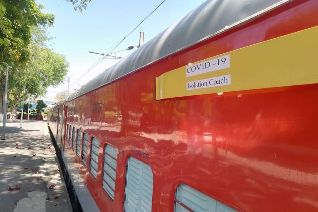 Indian Railways has thrown its weight behind the fight against the coronavirus. The exterior of a Covid-19 isolation coach in New Delhi, India. Photo: Amrit Dhillon