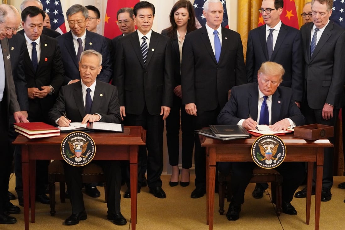 US President Trump and China’s Vice-Premier and chief negotiator Liu He signed the phase one trade deal at the White House in January 2020. Photo: Xinhua