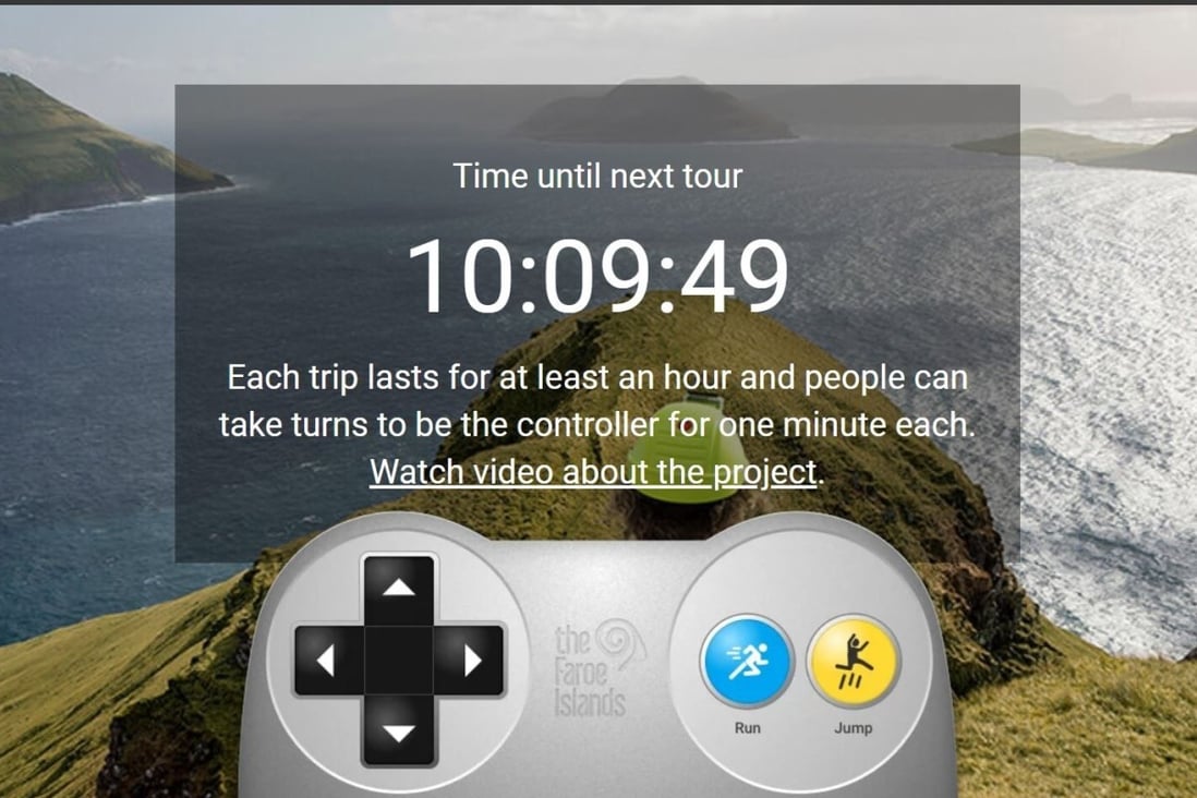 A screenshot showing the gamer-style controls and the countdown to the next virtual tour of the Faroe Islands. Photo: Visit Faroe Islands