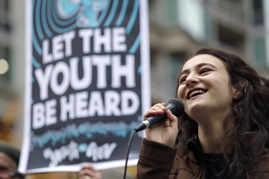 Colombian-American climate change activist Jamie Margolin speaks during a rally in Seattle in support of a high-profile climate change lawsuit in October 2018. Zero Hour, a youth-led climate group of which she is a leader, is one of the organisers of Earth Day Live, which starts Wednesday. Photo: AP