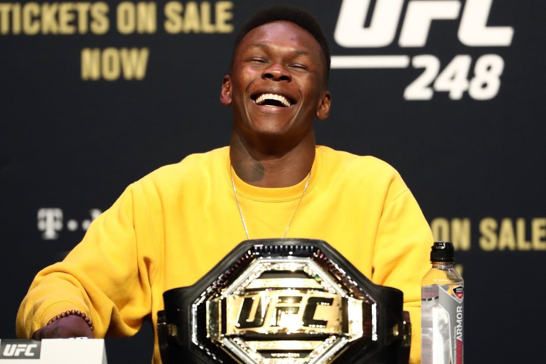 Israel Adesanya talks during a press conference for UFC 248. Photo: AFP