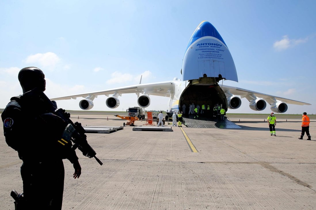 A delivery of face masks and supplies from China arrives at the Paris-Vatry airport on Sunday. Beijing’s “mask diplomacy” has drawn criticism. Photo: AFP