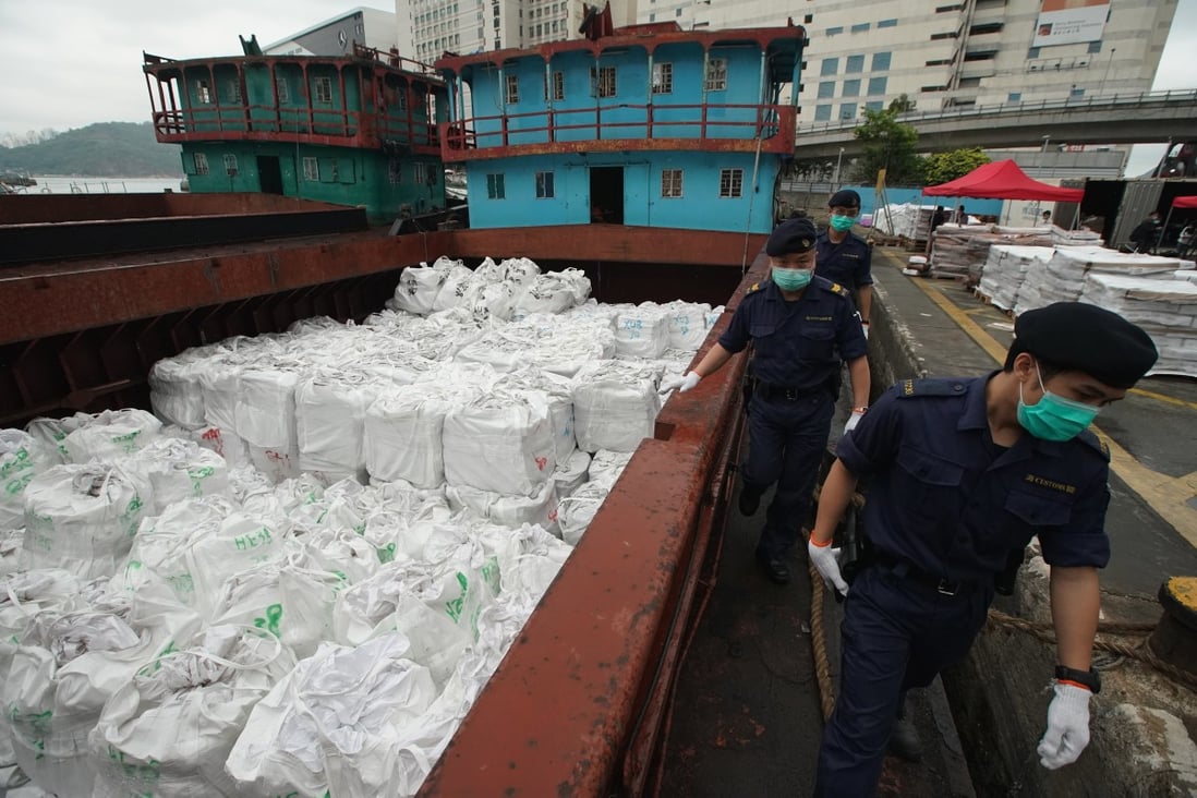 Smuggled frozen meat is displayed at the Public Cargo Working Area in Chai Wan, Hong Kong. Photo: Felix Wong