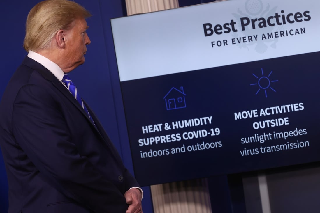US President Donald Trump looks at a chart about ‘Best Practices for Every American’ during the daily coronavirus task force briefing. Photo: Reuters