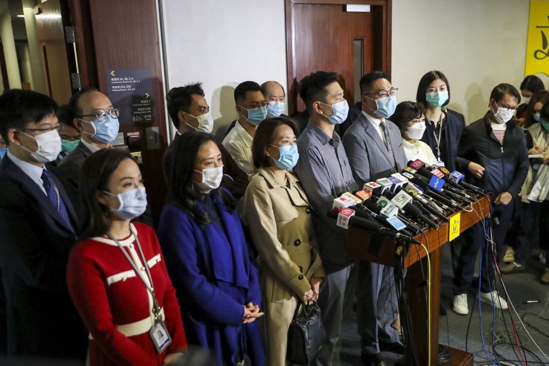 Pro-Beijing lawmakers meet the media after a House Committee meeting in the Legislative Council on April 24. Photo: Edmond So