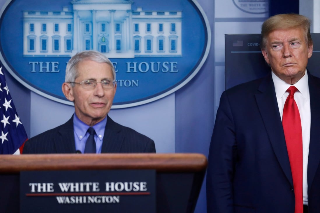 US National Institute of Allergy and Infectious Diseases Director Anthony Fauci answers questions, as President Donald Trump looks on, at a coronavirus task force briefing at the White House. Photo: Reuters