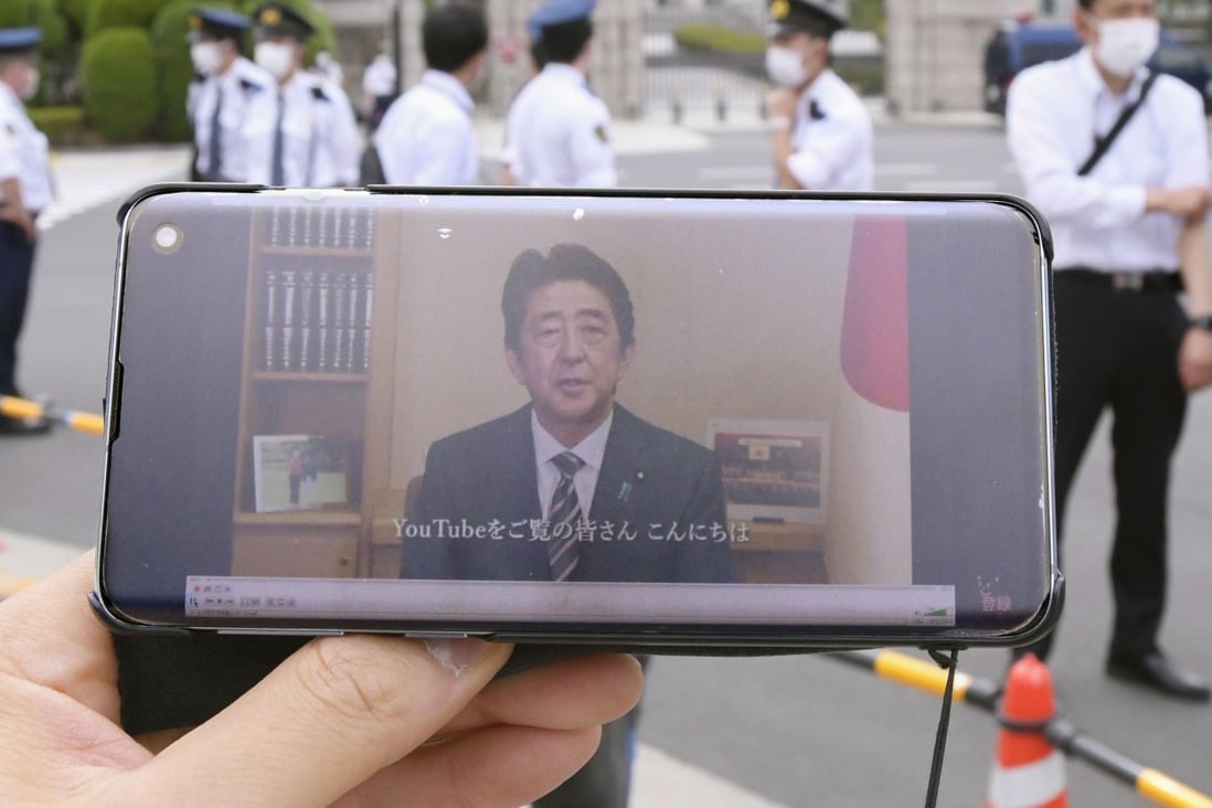 Japanese PM Shinzo Abe addresses supporters on May 3, 2020. Photo: Kyodo