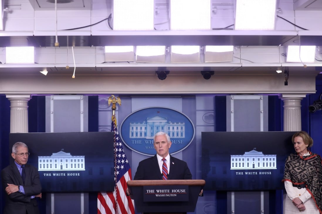 US Vice-President Mike Pence addresses a coronavirus task force briefing flanked by National Institute of Allergy and Infectious Diseases Director Dr Anthony Fauci and White House coronavirus coordinator Dr Deborah Birx at the White House in April. Photo: Reuters