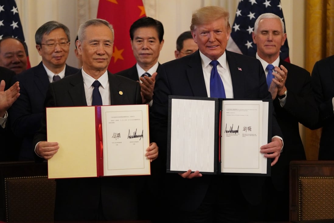 US President Donald Trump signed the phase one trade deal with Chinese Vice-Premier Liu He in the White House in January. Photo: Xinhua
