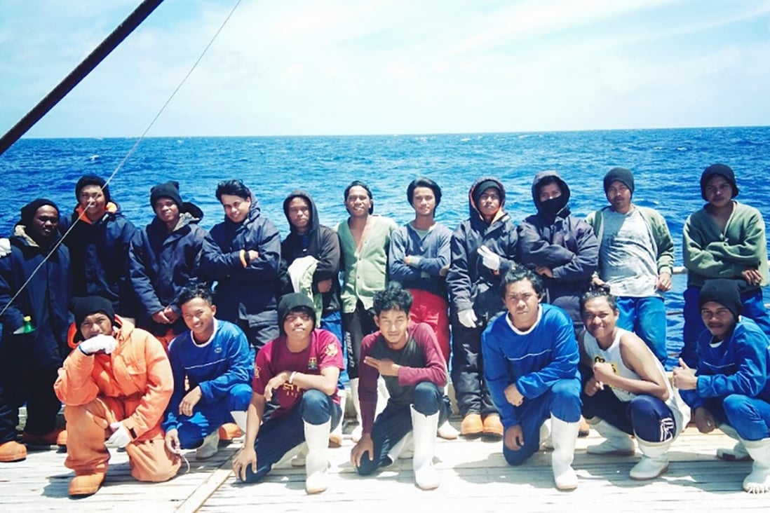 Indonesian crew members on board the Chinese fishing vessel Long Xing 629. They said they were hit and verbally abused and were forced to drink salty, distilled seawater while the Chinese crew were given bottled water. Photo: Handout