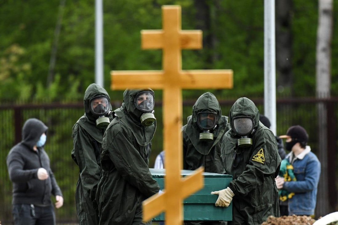 Workers bury a coronavirus victim at a cemetery on the outskirts of Moscow. Photo: AFP